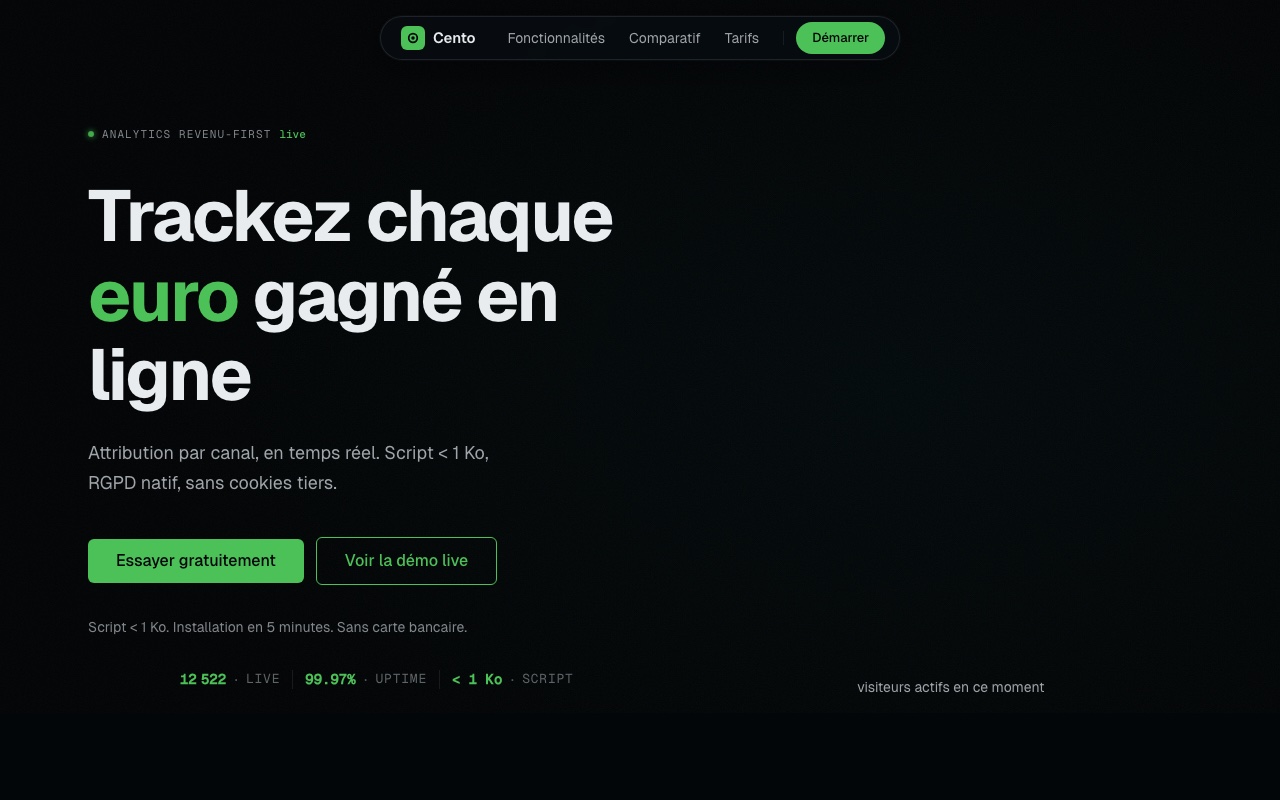 Site Cento analytics SaaS, capture du site livré